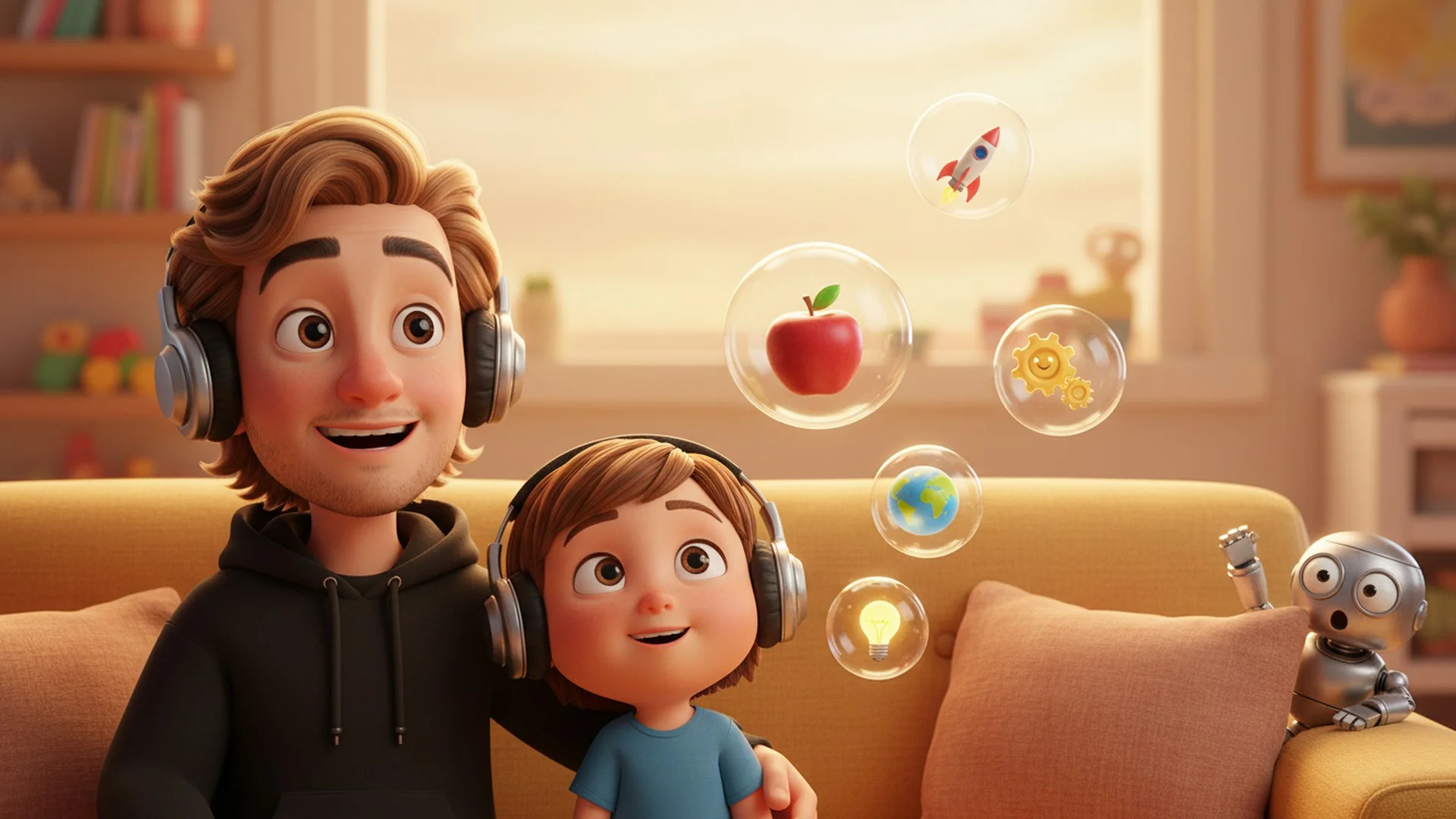QuestDad — a dad and a kid sharing headphones, listening to stories